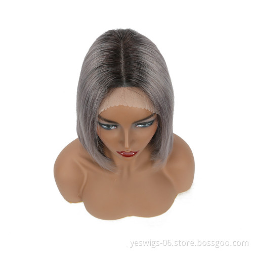 1b/Gray Ombre Color Bob Wig 10A Double Drawn Unprocessed Indian Virgin Hair Short 8 Inch Bob Transparent Swiss Lace Frontal Wig